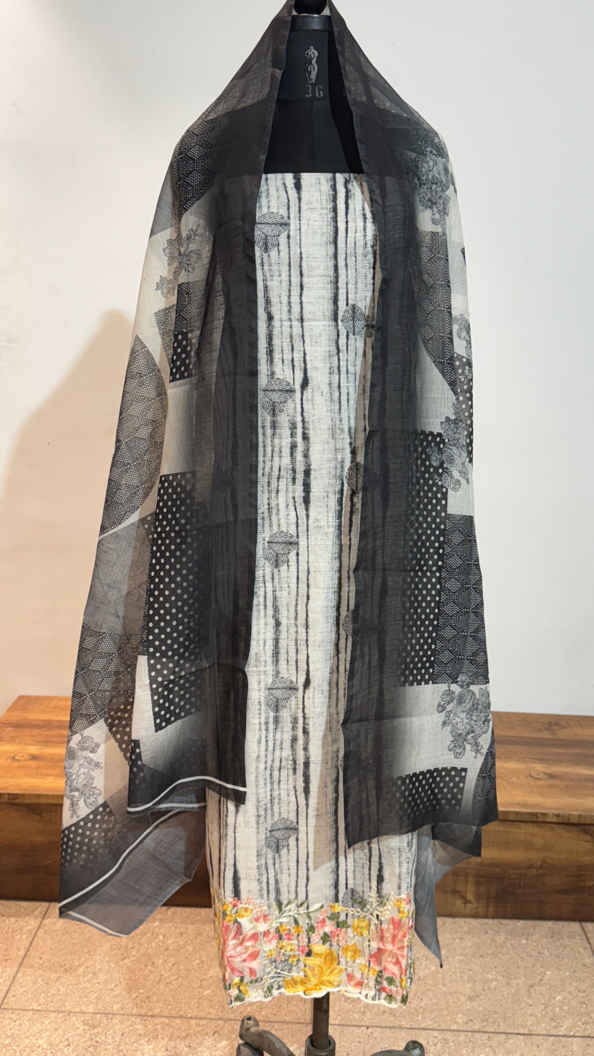 Black & White Cotton Digital Print Unstitched Suit Set