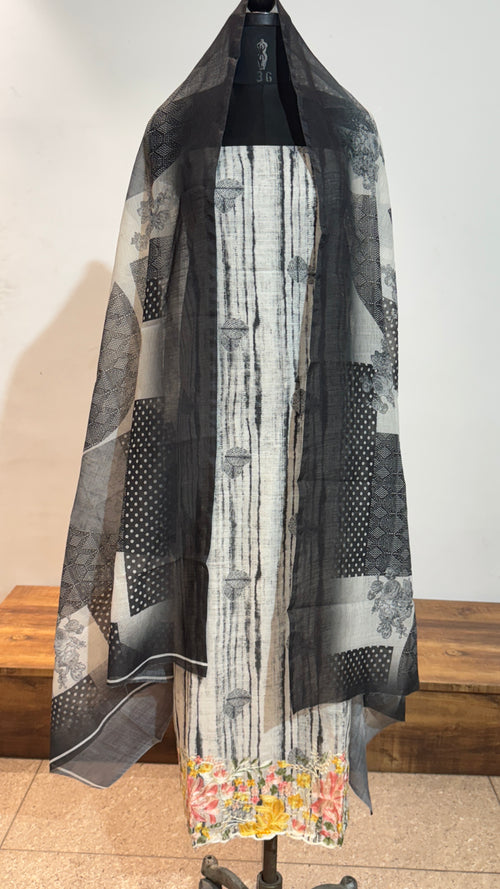 Black & White Cotton Digital Print Unstitched Suit Set