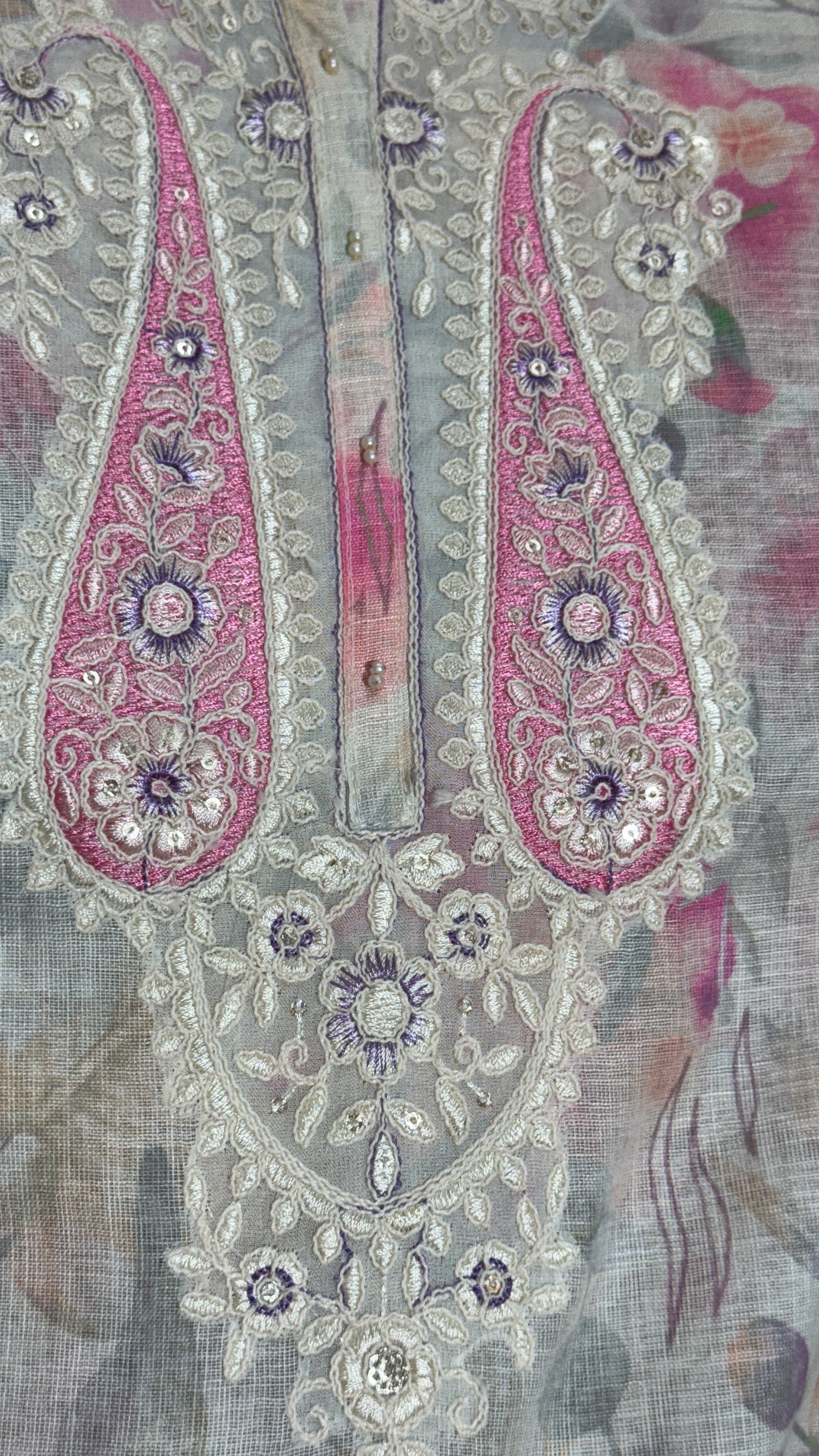 Offwhite Floral Linen Digital Print Unstitched Suit Set