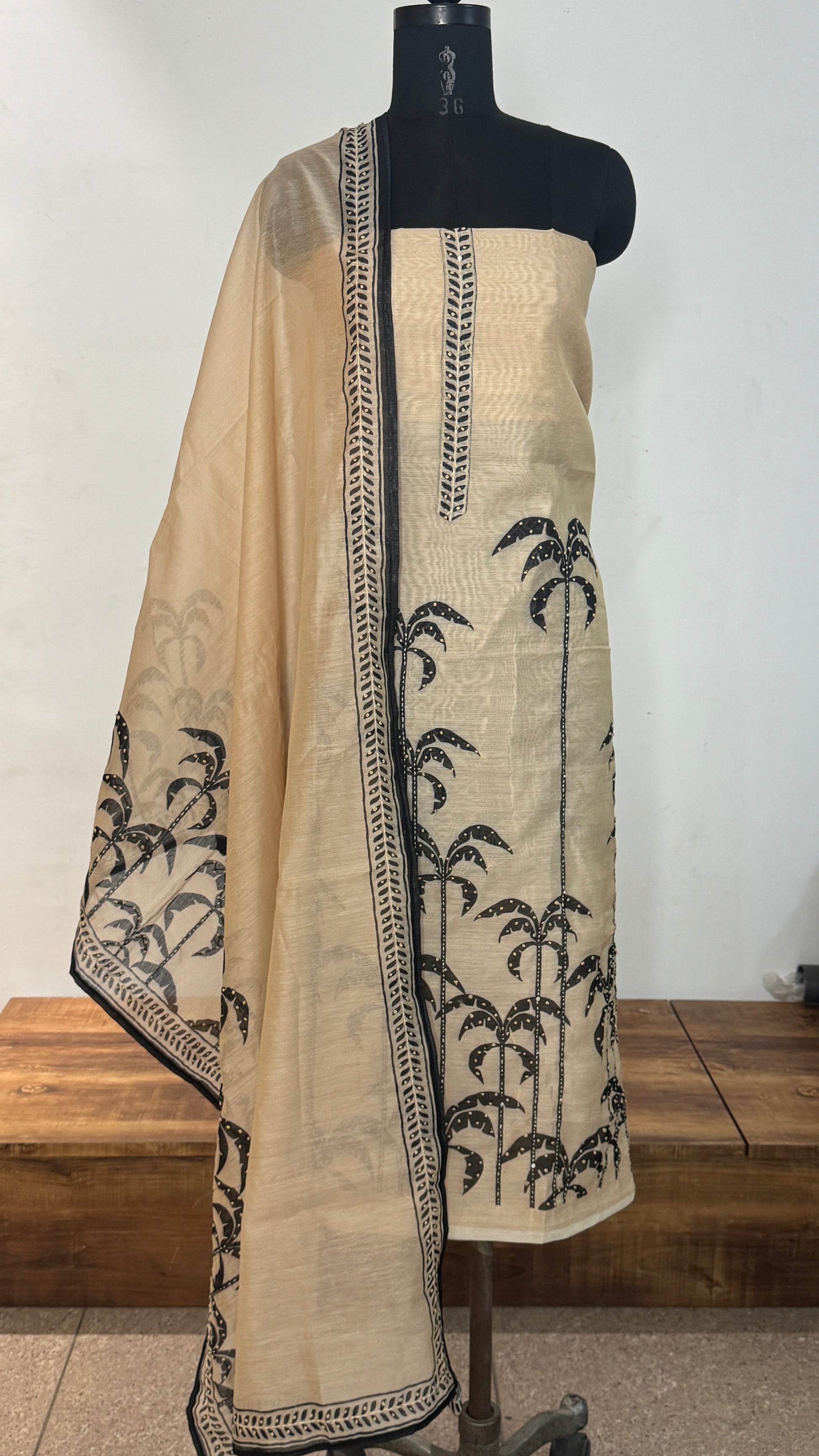 Beige Threadwork Cotton Unstitched Suit Set