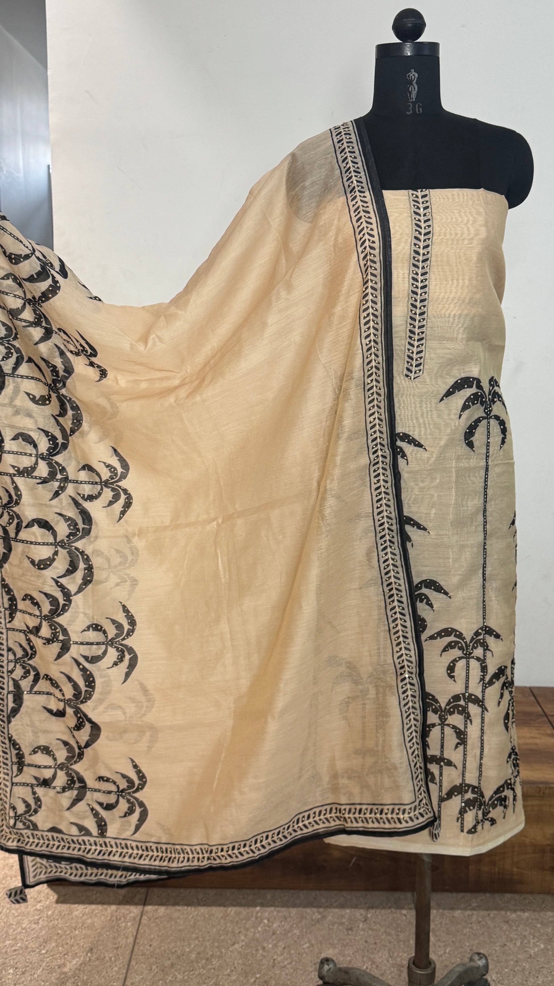 Beige Threadwork Cotton Unstitched Suit Set