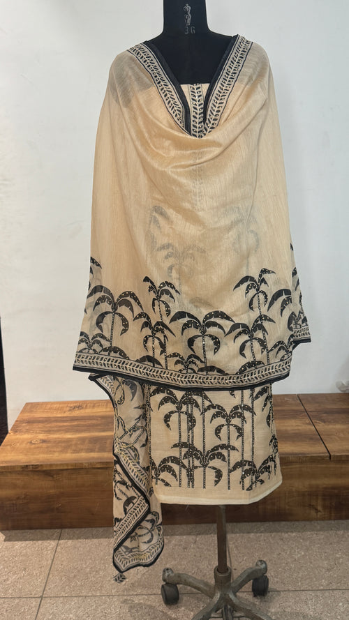 Beige Threadwork Cotton Unstitched Suit Set