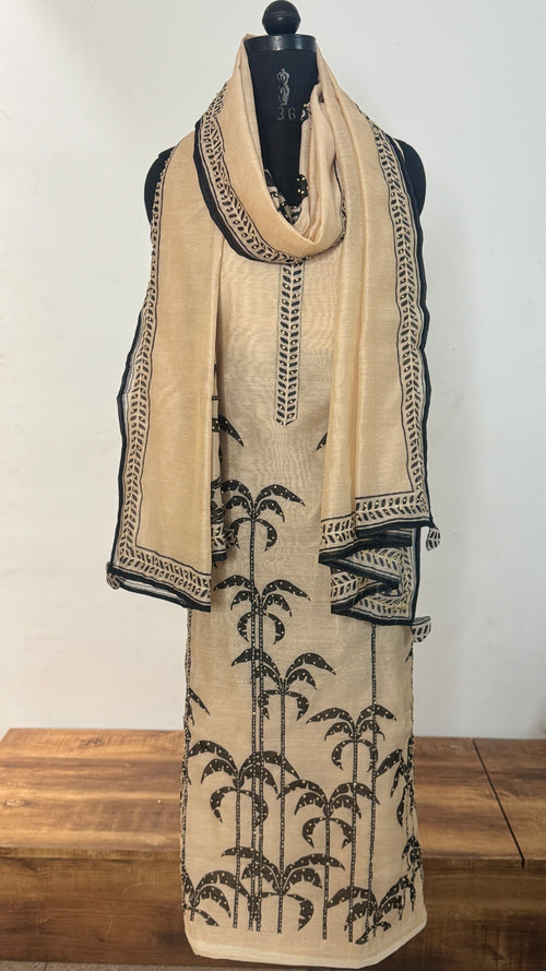 Beige Threadwork Cotton Unstitched Suit Set