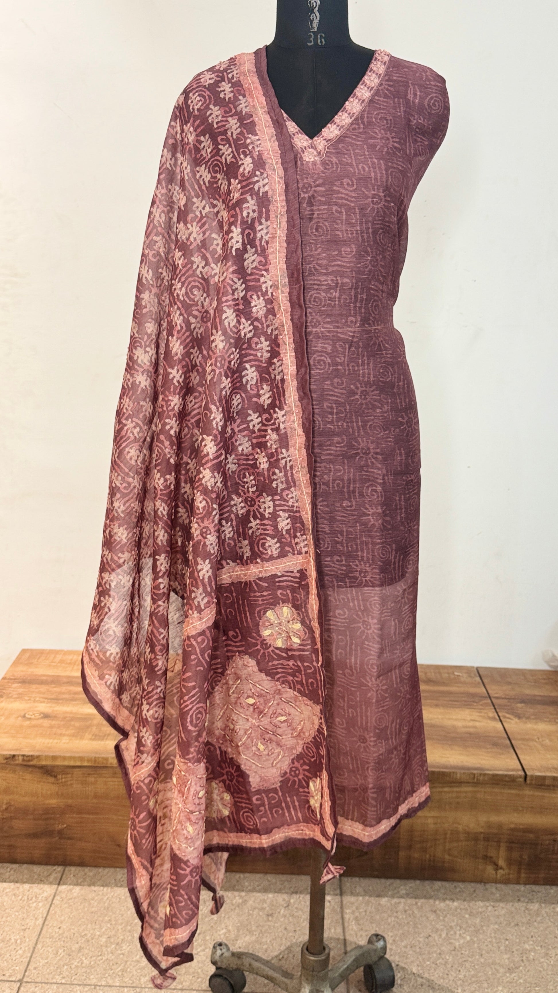 Maroon Threadwork Cotton Unstitched Suit Set