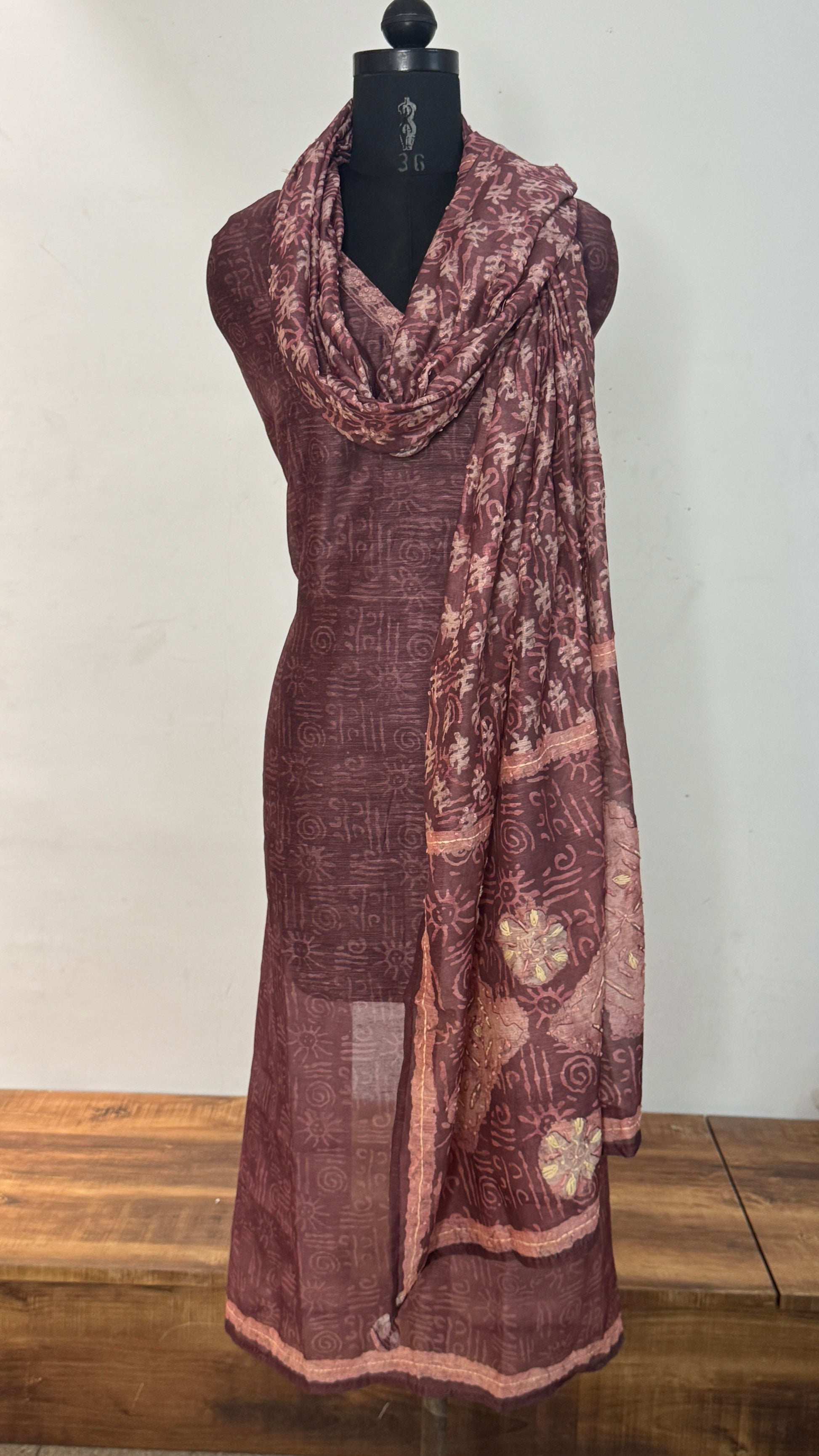 Maroon Threadwork Cotton Unstitched Suit Set