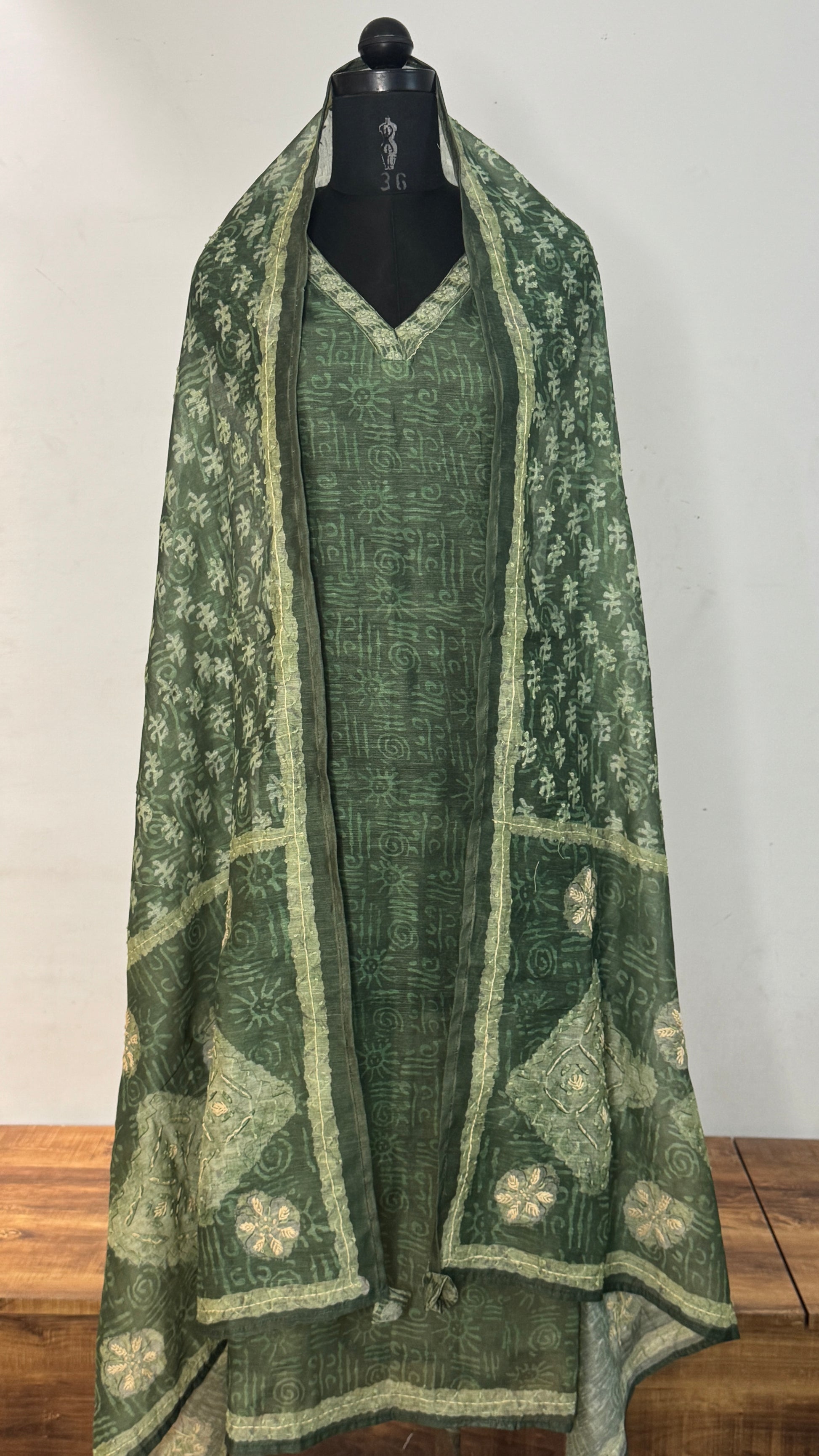 Bottle Green Kantha Unstitched Suit Set