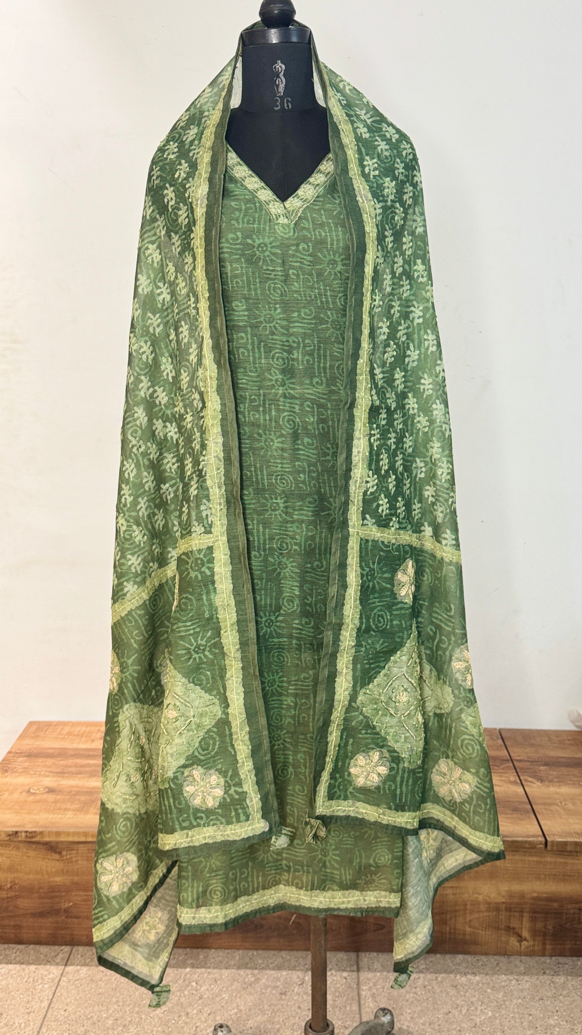 Bottle Green Kantha Unstitched Suit Set