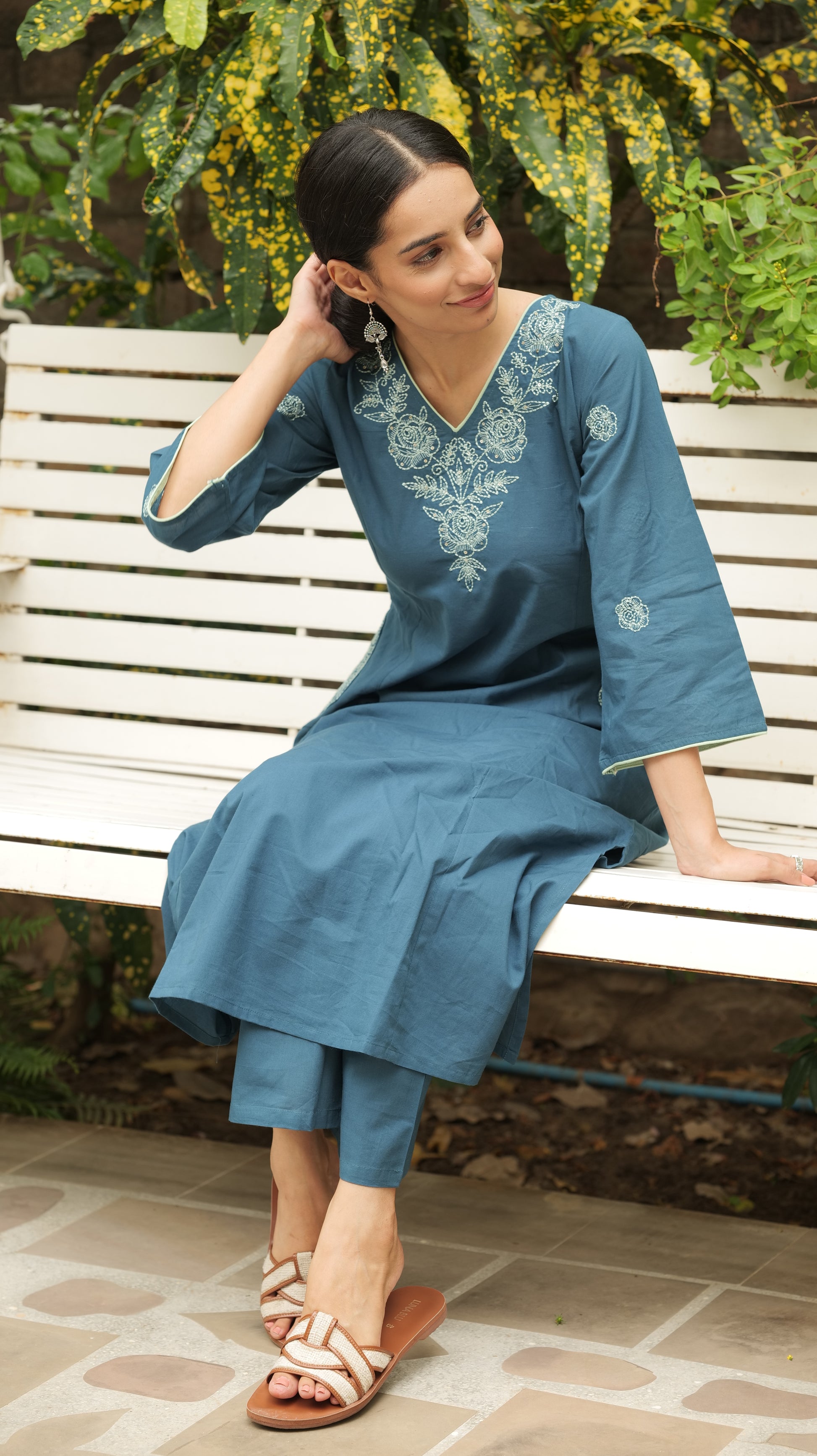 Teal Blue Embroidered Suit Set