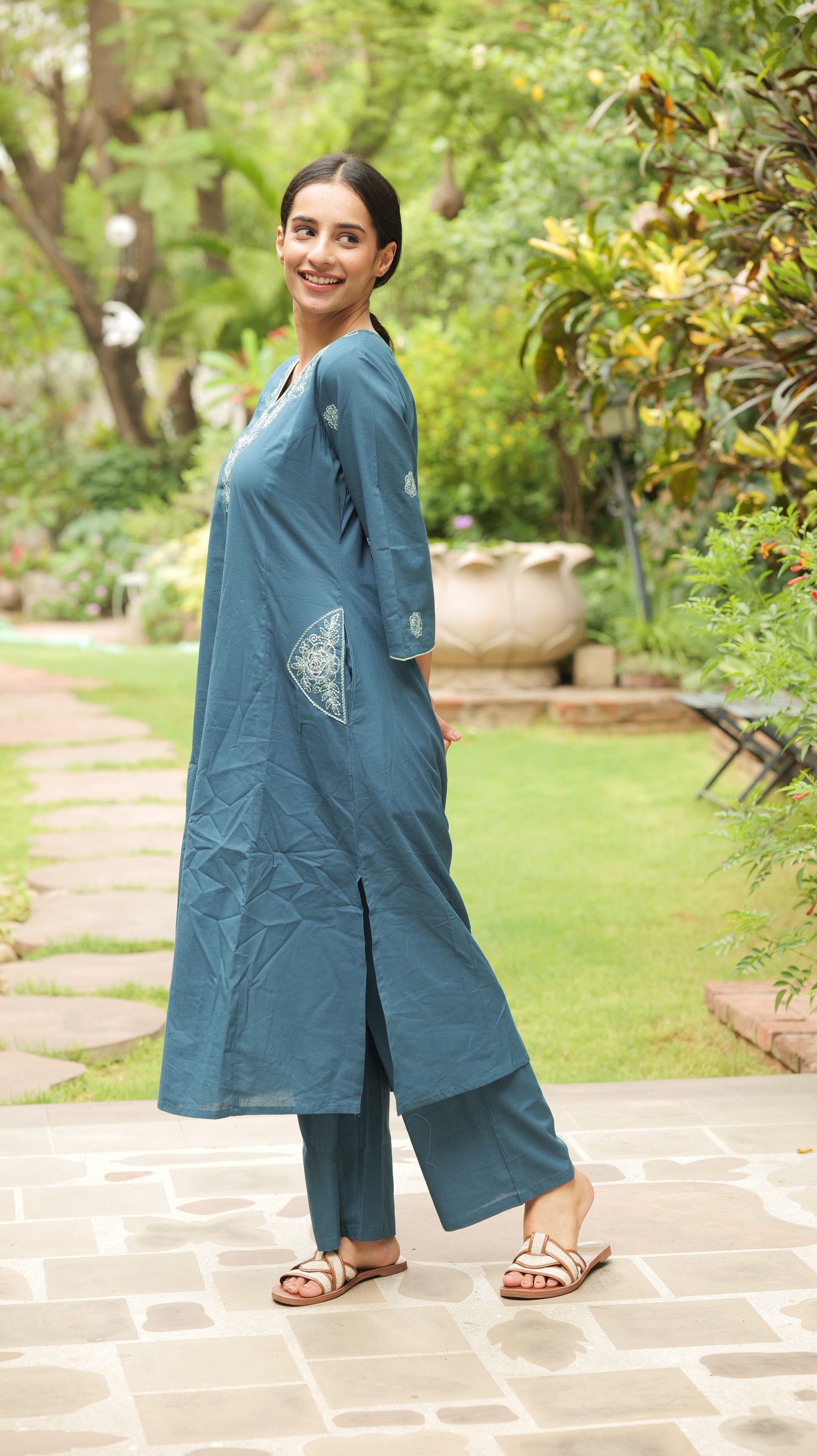 Teal Blue Embroidered Suit Set
