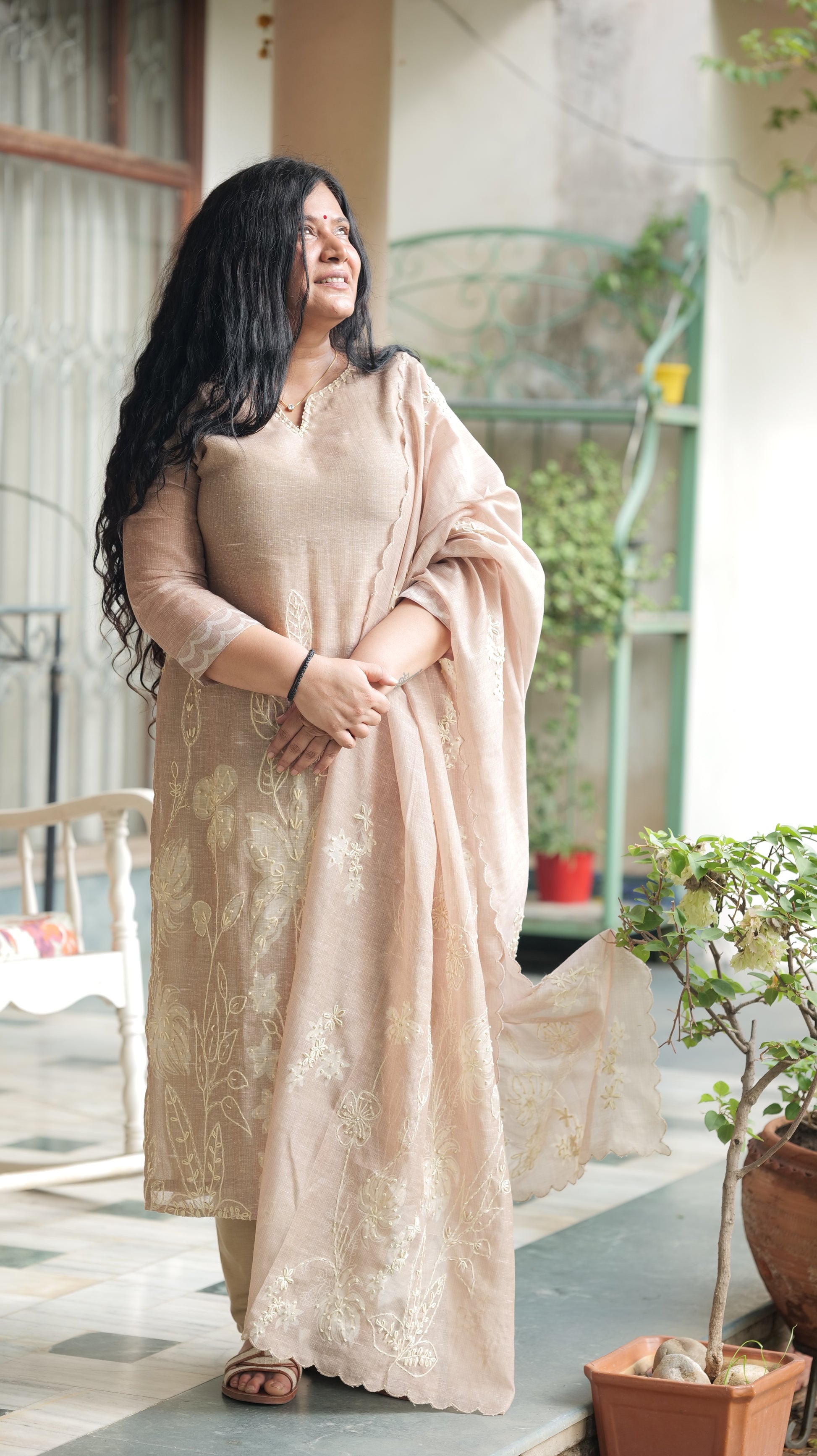 Beige Embroidered Suit Set